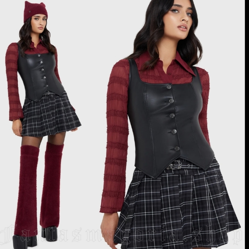 Killstar Black Faux Leather Button Front Vest